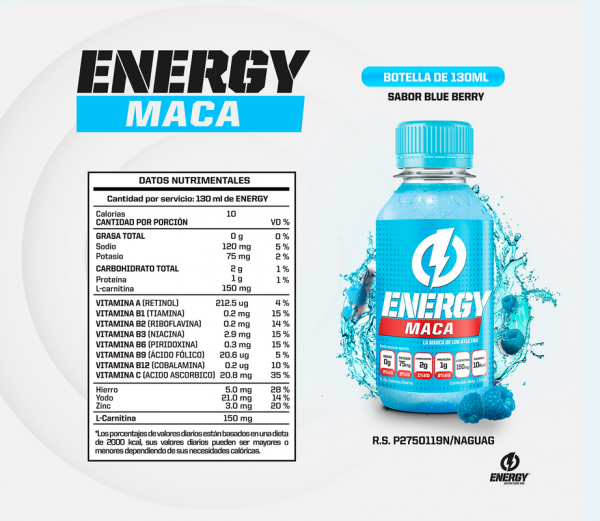 Quemador De Grasa Energy Nutrition Maca Pack 15 Unid. Blueberry - Imagen 2