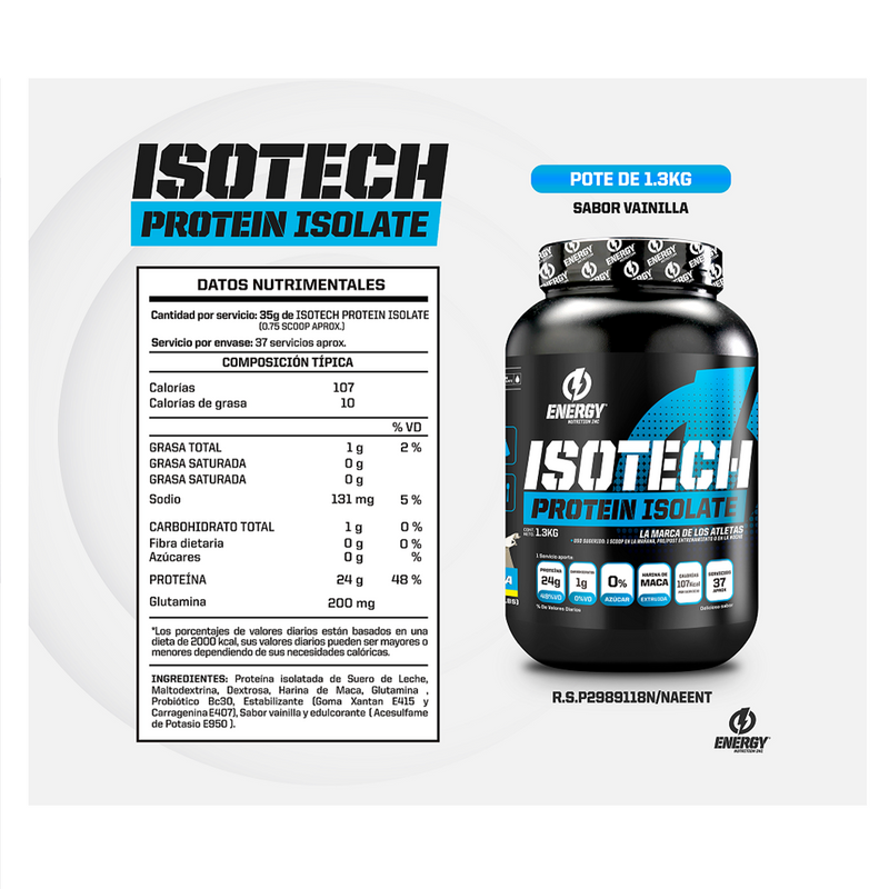Proteina Energy Nutrition Isotech 1.3Kg Vainilla + Shaker - Imagen 3
