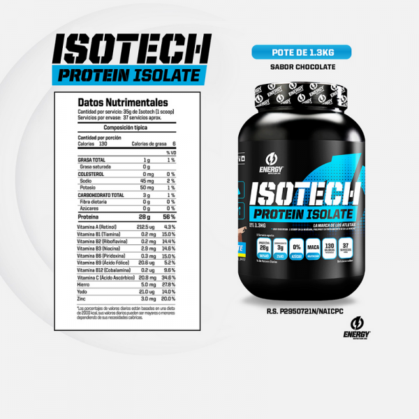 Proteina Energy Nutrition Isotech 1.3Kg Chocolate + Shaker - Imagen 3