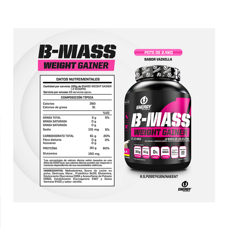 Proteina Energy Nutrition B-Mass Weight Gainer 2.4Kg Vainilla + Shaker - Imagen 3