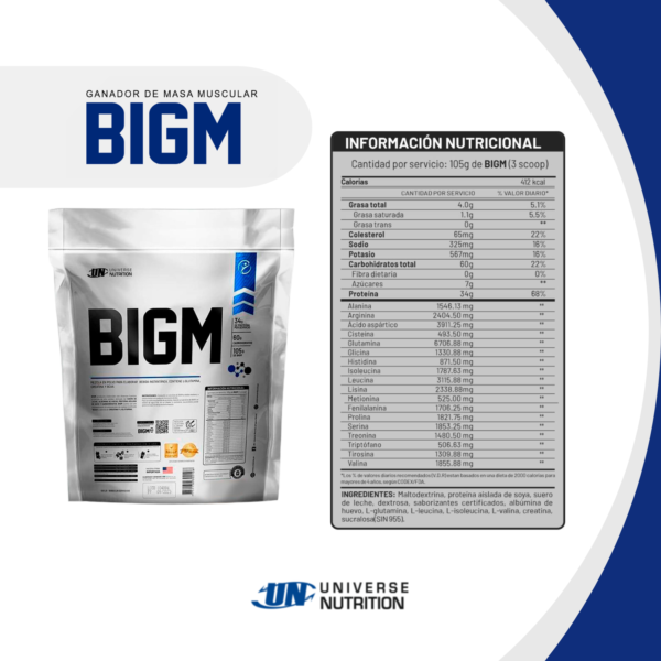 Mass Gainer Universe Nutrition Bigm 3 Kg Cookies + Shaker - Imagen 3